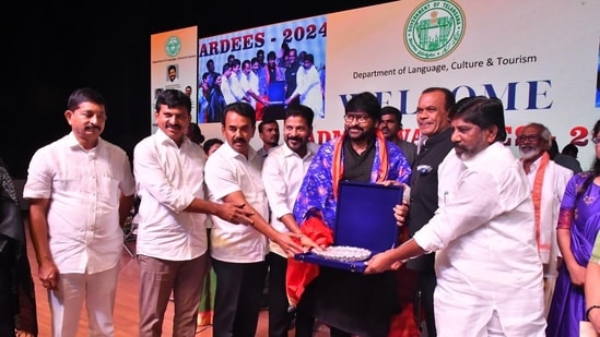 Chiranjeevi being felicitated at the event on Sunday.