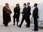US Secretary of State Antony Blinken is welcomed upon arriving at King Khalid International Airport, in Riyadh, Saudi Arabia, Monday.