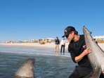 A shocking video shows a shark fishing expert single-handedly tackling a 1,200-pound, 12-foot great white shark on a Florida beach (Coastal Worldwide screenshot/YouTube) A shocking video shows a shark fishing expert single-handedly tackling a 1,200-pound, 12-foot great white shark on a Florida beach (Coastal Worldwide screenshot/YouTube)
