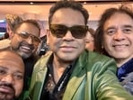 AR Rahman poses with Zakir Hussain and Shankar Mahadevan.