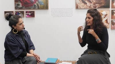 (L to R) Offset Projects’ founder Anshika Varma and artist Sheetal Mallar in conversation at the India Art Fair about Mallar’s book ‘Braided,’ which looks at inter-generational intimacies, ageing and maternal lineages. ( Paroma Mukherjee/ Hindustan Times) (L to R) Offset Projects’ founder Anshika Varma and artist Sheetal Mallar in conversation at the India Art Fair about Mallar’s book ‘Braided,’ which looks at inter-generational intimacies, ageing and maternal lineages. ( Paroma Mukherjee/ Hindustan Times)
