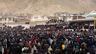 Thousands of men and women braved the bitter cold as they marched in Leh's main city, demanding statehood for Ladakh and the implementation of the sixth schedule of the Constitution. (ANI) Thousands of men and women braved the bitter cold as they marched in Leh's main city, demanding statehood for Ladakh and the implementation of the sixth schedule of the Constitution. (ANI)