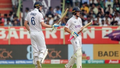England's Zak Crawley celebrates his half century with Ollie Pope on Day 4 of the 2nd Test match against India, at Dr. Y.S. Rajasekhara Reddy ACA-VDCA Cricket Stadium (ANI) England's Zak Crawley celebrates his half century with Ollie Pope on Day 4 of the 2nd Test match against India, at Dr. Y.S. Rajasekhara Reddy ACA-VDCA Cricket Stadium (ANI)