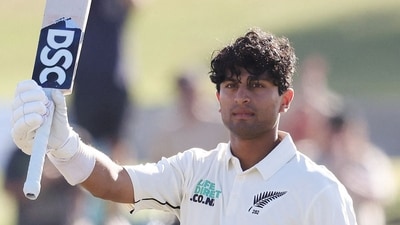 New Zealand's Rachin Ravindra celebrates reaching his century during Day 1 of the first cricket Test match between New Zealand and South Africa (AFP) New Zealand's Rachin Ravindra celebrates reaching his century during Day 1 of the first cricket Test match between New Zealand and South Africa (AFP)