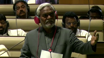 Jharkhand chief minister Champai Soren speaks in assembly during trust vote.