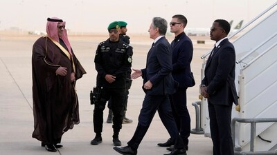 US Secretary of State Antony Blinken is welcomed upon arriving at King Khalid International Airport, in Riyadh, Saudi Arabia, Monday. (via REUTERS)