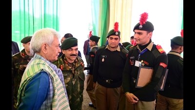 Jammu and Kashmir lieutenant governor Manoj Sinha interacting with NCC cadets in Jammu on Monday. (HT Photo) Jammu and Kashmir lieutenant governor Manoj Sinha interacting with NCC cadets in Jammu on Monday. (HT Photo)