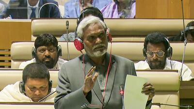 Jharkhand chief minister Champai Soren addresses during a special session of the State assembly convened to seek trust vote of his government in Ranchi on Monday. (PTI) Jharkhand chief minister Champai Soren addresses during a special session of the State assembly convened to seek trust vote of his government in Ranchi on Monday. (PTI)