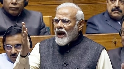 Prime Minister Narendra Modi replies to the Motion of Thanks on the President's Address in the Lok Sabha on Monday. (ANI/SansadTV) Prime Minister Narendra Modi replies to the Motion of Thanks on the President's Address in the Lok Sabha on Monday. (ANI/SansadTV)