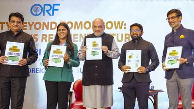 New Delhi: Union home minister Amit Shah and others release the 'ORF Foreign Policy Survey' during an event on the 'Security Beyond Tomorrow: Forging India's Resilient Future' organised by the Observer Research Foundation, (PTI/X-@AmitShah)