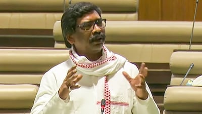 Fomer Jharkhand chief minister and JMM leader Hemant Soren speaks during a special session of the Jharkhand assembly convened by the Champai Soren government to seek trust vote, in Ranchi, Monday, (via PTI) Fomer Jharkhand chief minister and JMM leader Hemant Soren speaks during a special session of the Jharkhand assembly convened by the Champai Soren government to seek trust vote, in Ranchi, Monday, (via PTI)