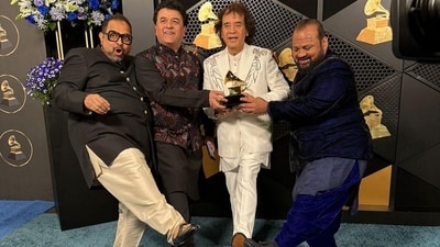 Ustad Zakir Hussain, vocalist Shankar Mahadevan, percussionist V Selvaganesh and violinist Ganesh Rajagopalan of Shakti pose for photos with their Grammy Award for best global music album for This Moment (PTI) Ustad Zakir Hussain, vocalist Shankar Mahadevan, percussionist V Selvaganesh and violinist Ganesh Rajagopalan of Shakti pose for photos with their Grammy Award for best global music album for This Moment (PTI)