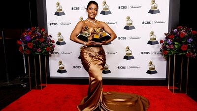 Victoria Monét, winner of the the Best New Artist award, the Best R&B Album award for Jaguar II, and the Best Engineered Album, Non-Classical award for Jaguar II, poses in the press room during the 66th GRAMMY Awards at Crypto.com Arena in Los Angeles. (AFP) Victoria Monét, winner of the the Best New Artist award, the Best R&B Album award for Jaguar II, and the Best Engineered Album, Non-Classical award for Jaguar II, poses in the press room during the 66th GRAMMY Awards at Crypto.com Arena in Los Angeles. (AFP)
