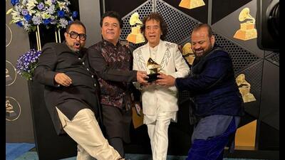 Ustad Zakir Hussain, Shankar Mahadevan, V Selvaganesh and Ganesh Rajagopalan of Shakti at the 66th Grammy Awards in Los Angeles on Sunday. (PTI) Ustad Zakir Hussain, Shankar Mahadevan, V Selvaganesh and Ganesh Rajagopalan of Shakti at the 66th Grammy Awards in Los Angeles on Sunday. (PTI)