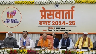 Uttar Pradesh chief minister Yogi Adityanath addressing a post budget press conference in Lucknow. (Deepak Gupta/HT)