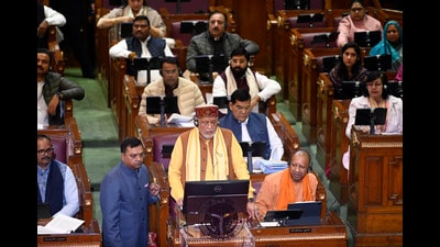Uttar Pradesh finance minister Suresh Kumar Khanna presents state Budget 2024-25 in the UP Assembly in Lucknow, on Monday. (HT Photo) Uttar Pradesh finance minister Suresh Kumar Khanna presents state Budget 2024-25 in the UP Assembly in Lucknow, on Monday. (HT Photo)