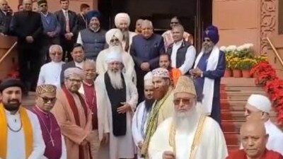 Religious leaders representing various minority sections of the country met Vice President and Rajya Sabha Chairman Jagdeep Dhankhar at the Parliament on Monday. (ANI) Religious leaders representing various minority sections of the country met Vice President and Rajya Sabha Chairman Jagdeep Dhankhar at the Parliament on Monday. (ANI)