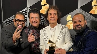 The Shakti team celebrating their Grammy win.