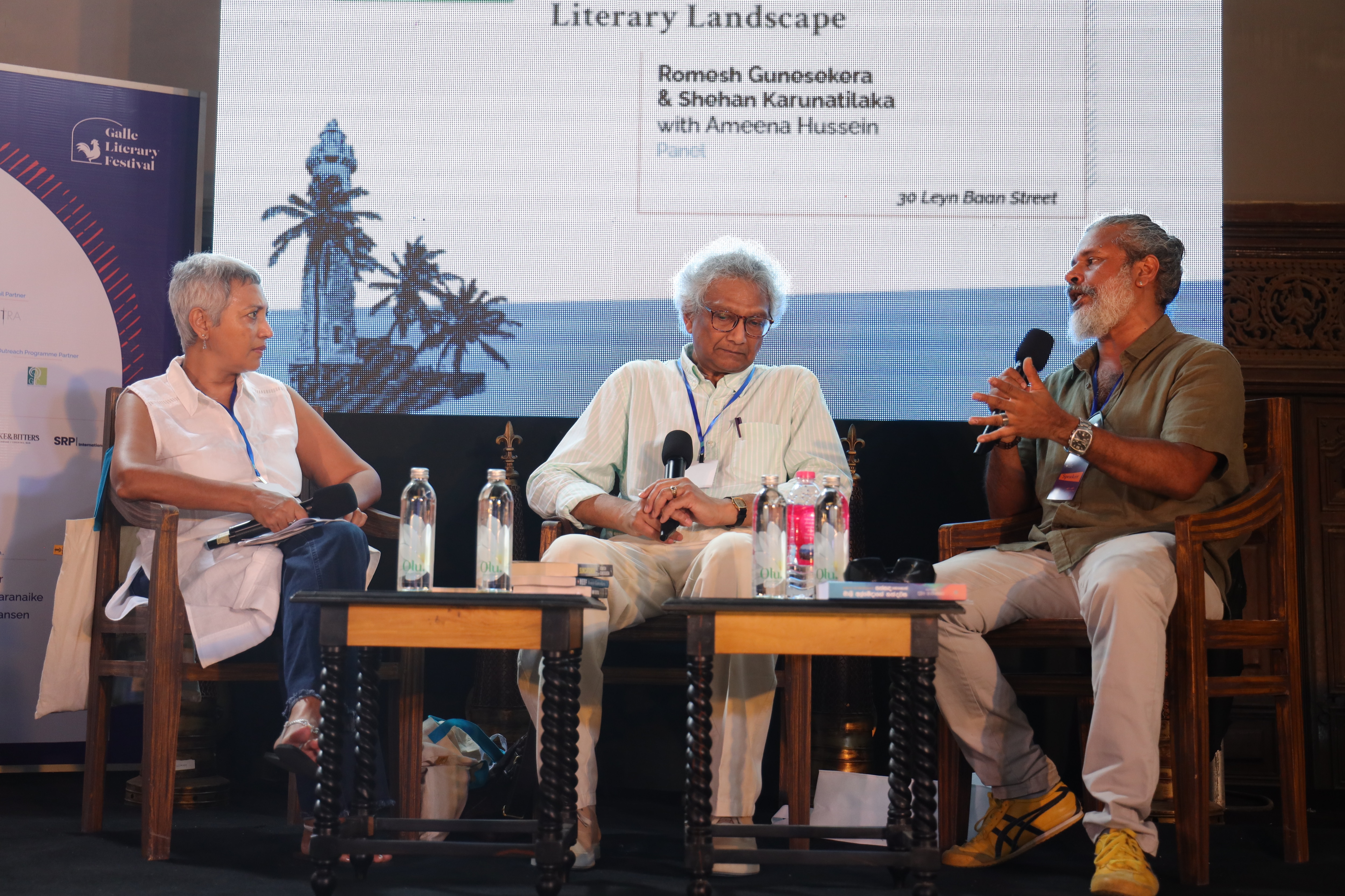 Romesh Gunesekera (centre) and Shehan Karunatilaka (right) with Ameena Hussein discussing the changing Sri Lankan literary landscape at 30 Leyn Baan Street (Malaka Mp Photography(Galle Literary Festival )) Romesh Gunesekera (centre) and Shehan Karunatilaka (right) with Ameena Hussein discussing the changing Sri Lankan literary landscape at 30 Leyn Baan Street (Malaka Mp Photography(Galle Literary Festival ))
