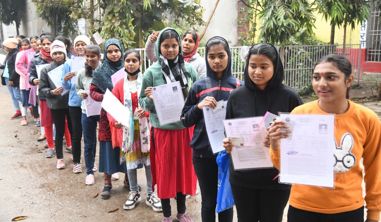 Students standing in queue to appear in the Bihar Board class 12th examination at DAV High School Danapur in Patna (Photo by Santosh Kumar) Students standing in queue to appear in the Bihar Board class 12th examination at DAV High School Danapur in Patna (Photo by Santosh Kumar)