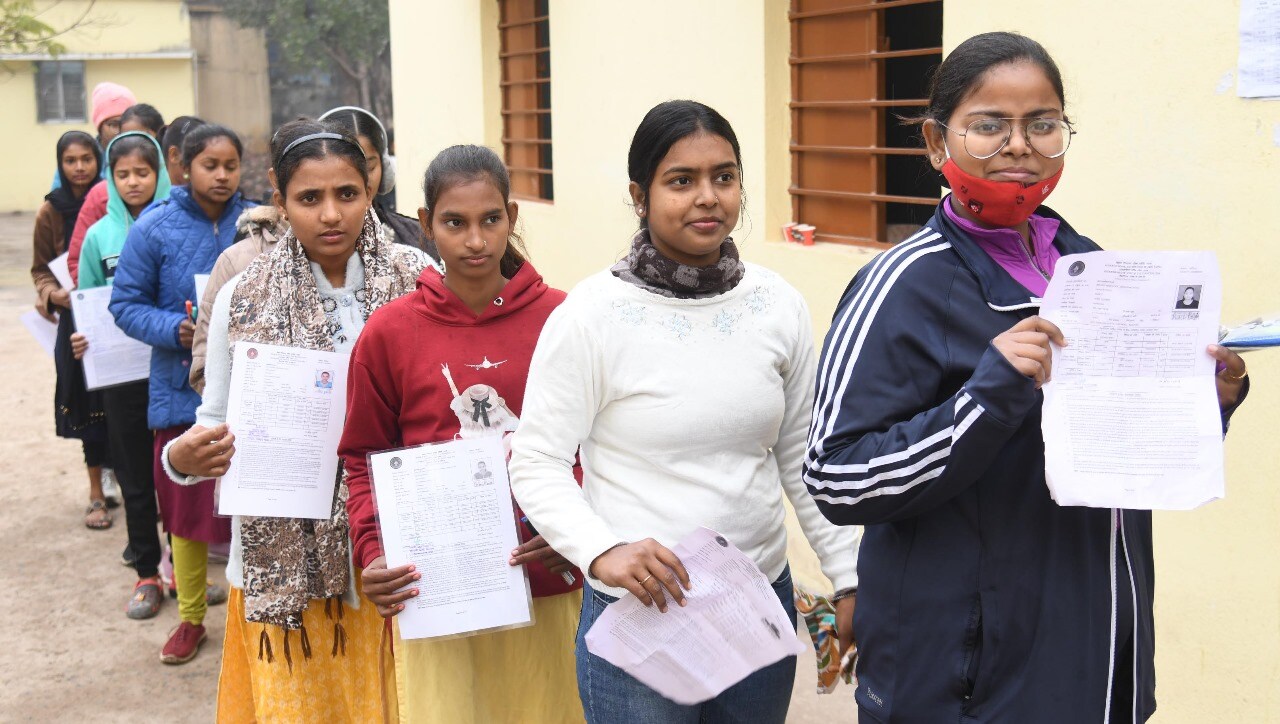 Students standing in queue to appear in the Bihar Board class 12th examination at D.D. Nandan Kanya High School Danapur in Patna
(Photo by Santosh Kumar) Students standing in queue to appear in the Bihar Board class 12th examination at D.D. Nandan Kanya High School Danapur in Patna
(Photo by Santosh Kumar)