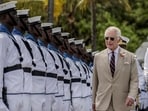 Britain's King Charles III, second from right, inspects the guard of honor on a visit to meet Royal Marines and Kenyan Marines at Mtongwe Naval Base, in Mombasa, Kenya. Britain's King Charles III, second from right, inspects the guard of honor on a visit to meet Royal Marines and Kenyan Marines at Mtongwe Naval Base, in Mombasa, Kenya.