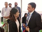 RSPB secretary Prem Chand Lochab with Vinesh Phogat during National Wrestling Championships in Jaipur.