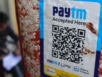 Paytm UPI services: A QR code for the Paytm digital payment system at a store in Mumbai.
