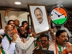 NCP party workers of Ajit Pawar group celebrate after Election commission granted them "Clock" and Party name , outside NCP party office, Mantaralaya, in Mumbai, India, on Tuesday, February 6, 2024.  
