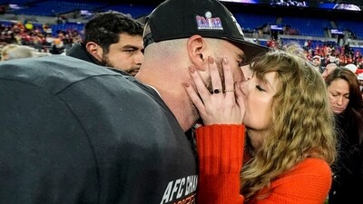 Taylor Swift kisses Kansas City Chiefs tight end Travis Kelce after an AFC Championship NFL football game against the Baltimore Ravens, Sunday, Jan. 28, 2024, in Baltimore. The Kansas City Chiefs won 17-10. (AP) Taylor Swift kisses Kansas City Chiefs tight end Travis Kelce after an AFC Championship NFL football game against the Baltimore Ravens, Sunday, Jan. 28, 2024, in Baltimore. The Kansas City Chiefs won 17-10. (AP)