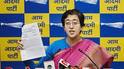 Atishi addresses a press conference on ED raids at the AAP’s office on Rouse Avenue Marg in New Delhi on Tuesday. (Raj K Raj/HT Photo)