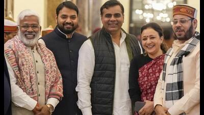 BJP MLA Swatantra Dev Singh (L), Congress MLA Aradhana Mishra ‘Mona’ and Samajwadi party MLA Manoj Pandey (R) arrive to attend the Budget session of UP Assembly, at Vidhan Bhavan, in Lucknow, on Tuesday. (PTI Photo) BJP MLA Swatantra Dev Singh (L), Congress MLA Aradhana Mishra ‘Mona’ and Samajwadi party MLA Manoj Pandey (R) arrive to attend the Budget session of UP Assembly, at Vidhan Bhavan, in Lucknow, on Tuesday. (PTI Photo)