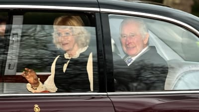Britain's King Charles III and Britain's Queen Camilla wave as they leave by car from Clarence House in London on February 6, 2024. King Charles III's estranged son Prince Harry reportedly arrived in London on Tuesday after his father's diagnosis of cancer, which doctors "caught early". (AFP) Britain's King Charles III and Britain's Queen Camilla wave as they leave by car from Clarence House in London on February 6, 2024. King Charles III's estranged son Prince Harry reportedly arrived in London on Tuesday after his father's diagnosis of cancer, which doctors "caught early". (AFP)
