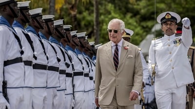 Britain's King Charles III, second from right, inspects the guard of honor on a visit to meet Royal Marines and Kenyan Marines at Mtongwe Naval Base, in Mombasa, Kenya. (AP) Britain's King Charles III, second from right, inspects the guard of honor on a visit to meet Royal Marines and Kenyan Marines at Mtongwe Naval Base, in Mombasa, Kenya. (AP)