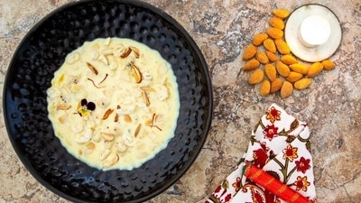 Payesh: A creamy rice pudding made with milk, rice, and sugar, flavoured with cardamom and garnished with nuts. It is a must-have dessert during Saraswati Puja. (Chef Manish Mehrotra) Payesh: A creamy rice pudding made with milk, rice, and sugar, flavoured with cardamom and garnished with nuts. It is a must-have dessert during Saraswati Puja. (Chef Manish Mehrotra)