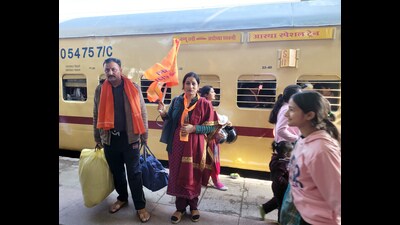 Devotees board the Jammu to Ayodhya 'Aastha' special train to visit at Jammu railway station on Tuesday. (ANI)