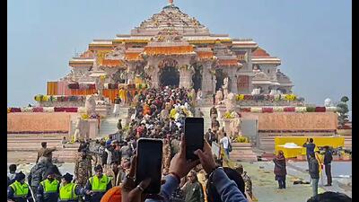 Devotees throng the Shri Ram Janmabhoomi Temple on the first day after the Pran Pratishtha ceremony, in Ayodhya on January 23, 2024. (ANI)