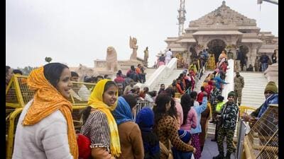 Devotees visit the Ram Mandir, in Ayodhya, Tuesday. (PTI Photo) Devotees visit the Ram Mandir, in Ayodhya, Tuesday. (PTI Photo)