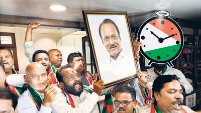 Mumbai, India - Feb. 6, 2024:NCP party workers of Ajit Pawar group celebrate after Election commission granted them "Clock" and Party name , outside NCP party office, Mantaralaya, in Mumbai, India, on Tuesday, February 6, 2024. (Photo by Anshuman Poyrekar/ Hindustan Times) (Hindustan Times) Mumbai, India - Feb. 6, 2024:NCP party workers of Ajit Pawar group celebrate after Election commission granted them "Clock" and Party name , outside NCP party office, Mantaralaya, in Mumbai, India, on Tuesday, February 6, 2024. (Photo by Anshuman Poyrekar/ Hindustan Times) (Hindustan Times)