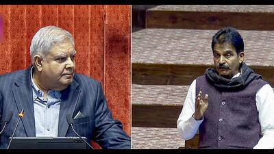 Rajya Sabha chairman Jagdeep Dhankhar listens to Congress MP KC Venugopal during the interim budget session of the Parliament, in New Delhi on Tuesday. (ANI) Rajya Sabha chairman Jagdeep Dhankhar listens to Congress MP KC Venugopal during the interim budget session of the Parliament, in New Delhi on Tuesday. (ANI)