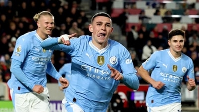 Manchester City's Phil Foden celebrates scoring their second goal with Erling Braut Haaland and Julian Alvarez (REUTERS)