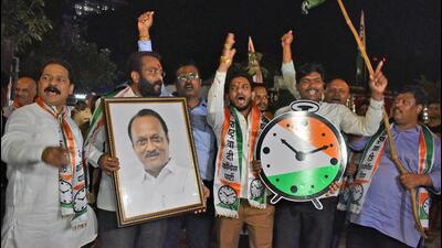 Supporters of Ajit Pawar faction NCP celebrate near Mantralay in Mumbai on Tuesday. (ANI) Supporters of Ajit Pawar faction NCP celebrate near Mantralay in Mumbai on Tuesday. (ANI)