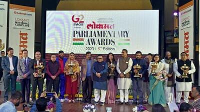 Union Minister for Road, Transport and Highways Nitin Gadkari with Lokmat Media Group Chairman Vijay Darda, NCP MP Praful Patel, Union Minister of State for Social Justice and Empowerment Ramdas Athawale, BJP MP Maneka Gandhi and others pose for a picture during the 'Lokmat Parliamentary Awards 2023', at Ambedkar International Centre in New Delhi on Tuesday. (ANI) Union Minister for Road, Transport and Highways Nitin Gadkari with Lokmat Media Group Chairman Vijay Darda, NCP MP Praful Patel, Union Minister of State for Social Justice and Empowerment Ramdas Athawale, BJP MP Maneka Gandhi and others pose for a picture during the 'Lokmat Parliamentary Awards 2023', at Ambedkar International Centre in New Delhi on Tuesday. (ANI)
