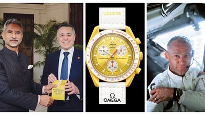 External affairs minister S Jaishankar with Swiss foreign minister Ignazio Cassis (L), 'Mission to the Sun' Swatch (M), NASA astronaut Buzz Aldrin. External affairs minister S Jaishankar with Swiss foreign minister Ignazio Cassis (L), 'Mission to the Sun' Swatch (M), NASA astronaut Buzz Aldrin.