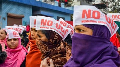Dehradun: Members of Uttarakhand Numainda Group protest against the Uniform Civil Code (UCC) bill during a special session of Uttarakhand Legislative Assembly, in Dehradun, Monday, Feb. 5, 2024. (PTI) Dehradun: Members of Uttarakhand Numainda Group protest against the Uniform Civil Code (UCC) bill during a special session of Uttarakhand Legislative Assembly, in Dehradun, Monday, Feb. 5, 2024. (PTI)