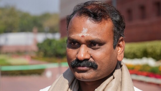 Union Minister L Murugan at the Parliament House complex during the Budget session, in New Delhi, Tuesday, Feb. 6, 2024. DMK MP TR Baalu called Union minister L Murugan ‘unfit to be a minister’. (PTI)