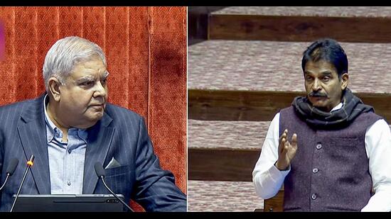 Rajya Sabha chairman Jagdeep Dhankhar listens to Congress MP KC Venugopal during the interim budget session of the Parliament, in New Delhi on Tuesday. (ANI)