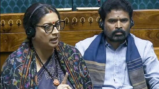 Union minister for women and child development Smriti Irani speaks in the Lok Sabha during the Interim Budget Session of Parliament in New Delhi/ (ANI Photo)