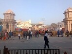 Devotees gather at the entrance of Ram Temple, in Ayodhya on Saturday. (ANI Photo) Devotees gather at the entrance of Ram Temple, in Ayodhya on Saturday. (ANI Photo)