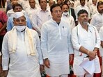 Karnataka chief minister Siddaramaiah with state deputy chief minister DK Shivakumar and Congress general secretary Randeep Surjewala. (ANI)